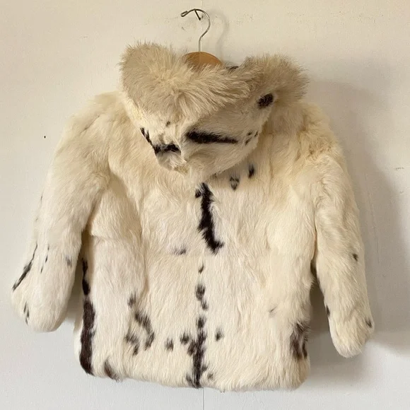 Vintage Rabbit Fur Coat Little Girls Kids Winter Hooded Jacket Cream 4 5 6